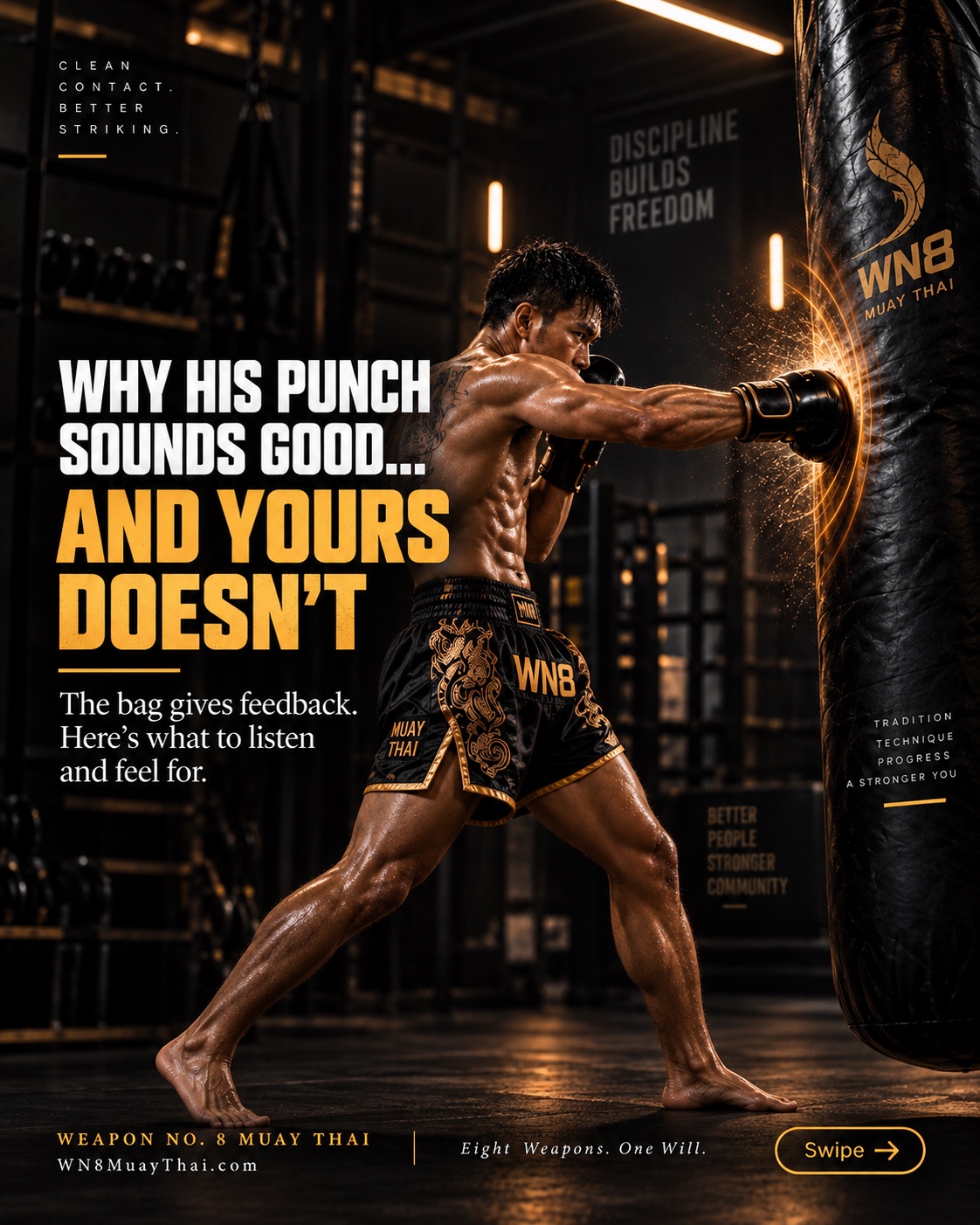 Muay Thai fighter demonstrating clean heavy bag contact