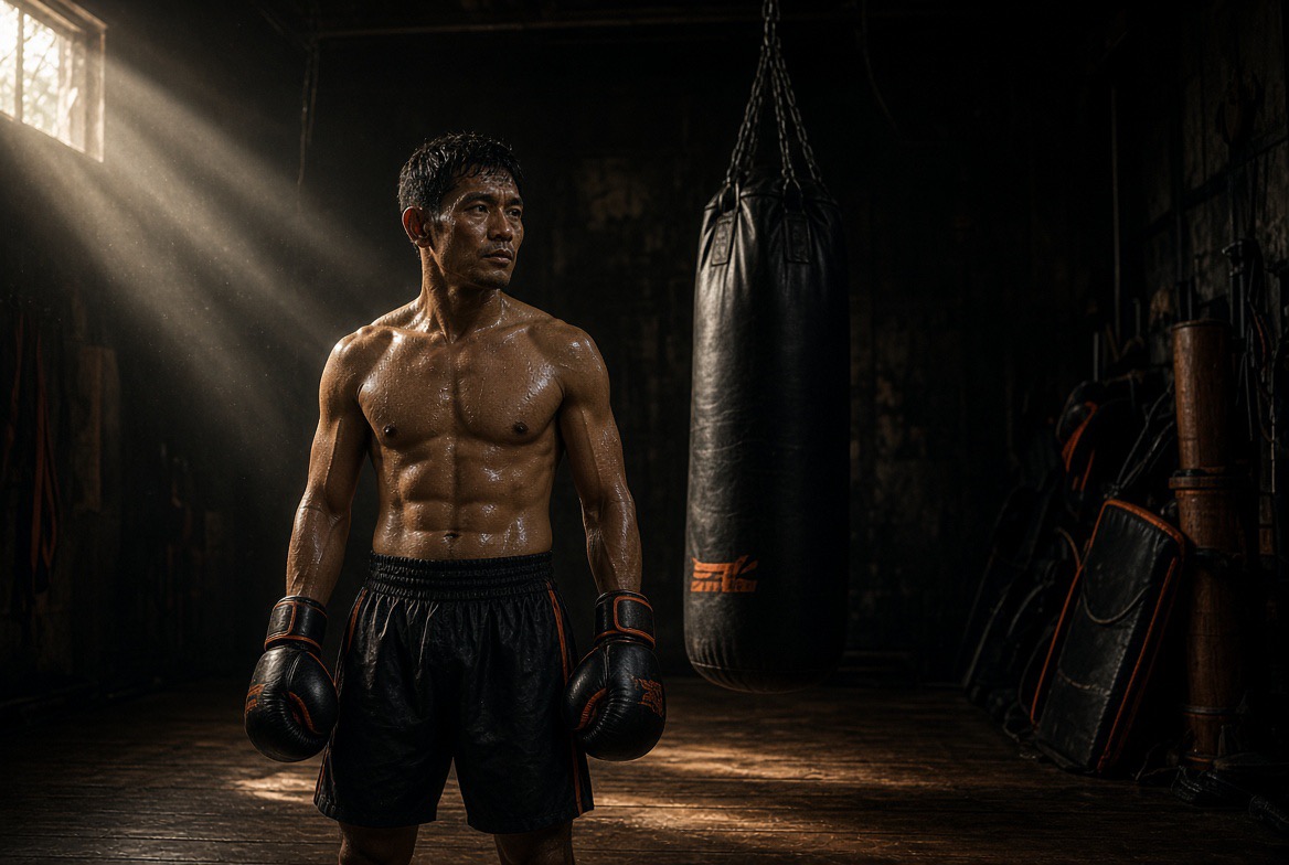 Muay Thai athlete wearing boxing gloves beside a heavy bag in a sunlit gym