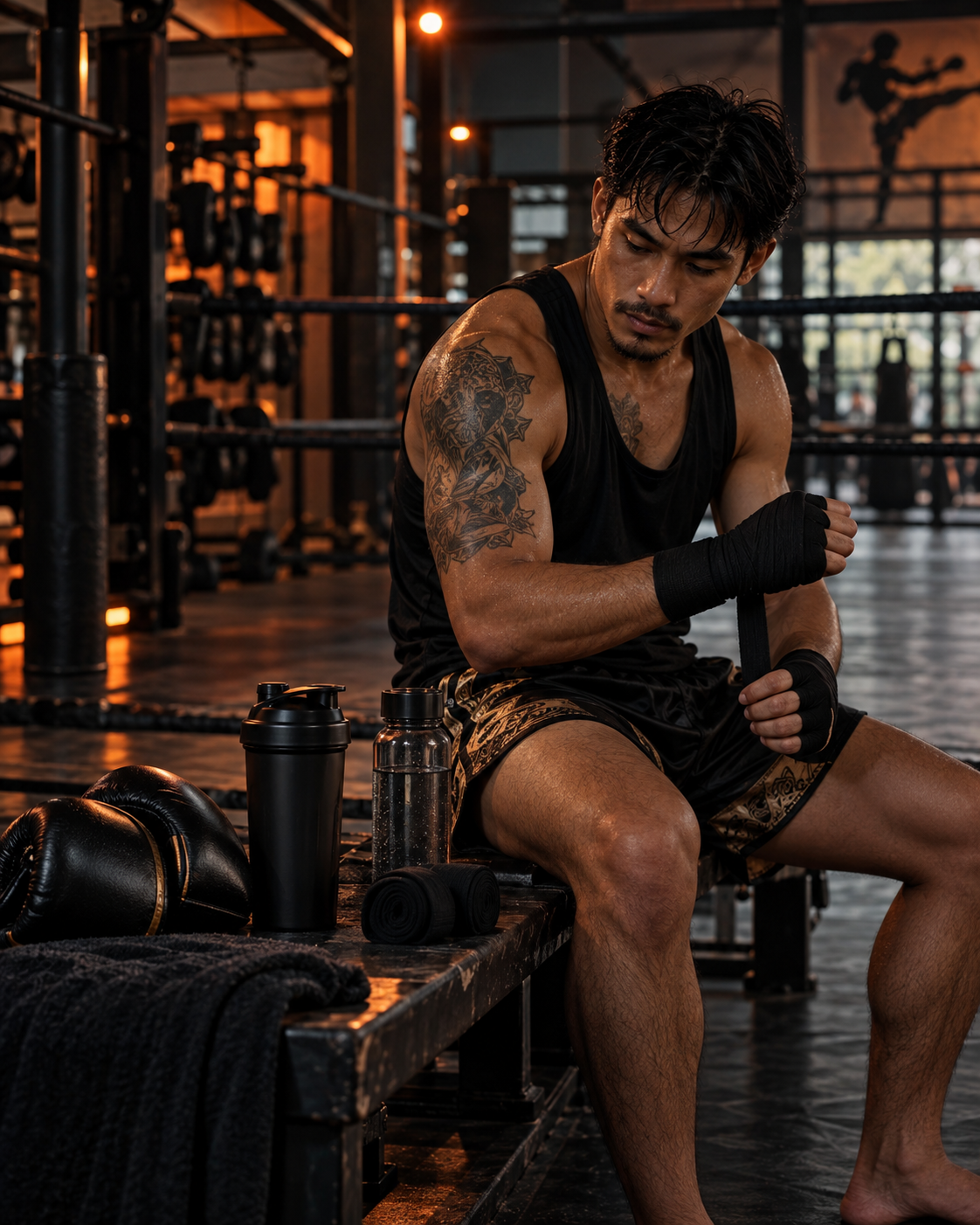 Muay Thai athlete wrapping his hands beside training gear and an unbranded shaker